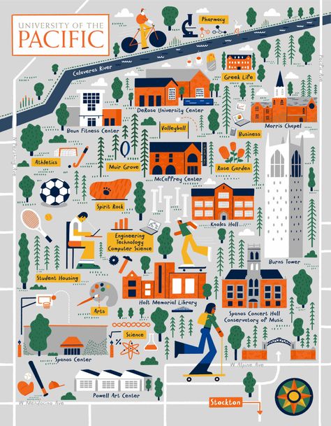 Illustrated Campus Map of University of the Pacific in Stockton, California by Nate Padavick — Nate Padavick Campus Map Illustration, Campus Map Design, School Map Design, Map Illustration Design Graphics, Creative Map Design, Campus Illustration, Map Signage, Pacific Map, Maps Illustration Design