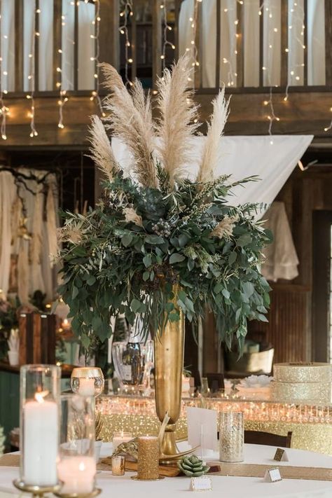 Rustic Glam centerpiece, protea, pampas grass, greenery wedding centerpiece  #weddings #rosesandrings #weddingcenterpieces #weddingideas #himisspuff #bohemian #wedding Engagement Unique, Grass Centerpiece, Lilac Wedding Bouquet, Greenery Wedding Centerpieces, Gold Centerpieces, Candle Wedding Centerpieces, Unusual Wedding, Tafel Decor, Flowers And Greenery