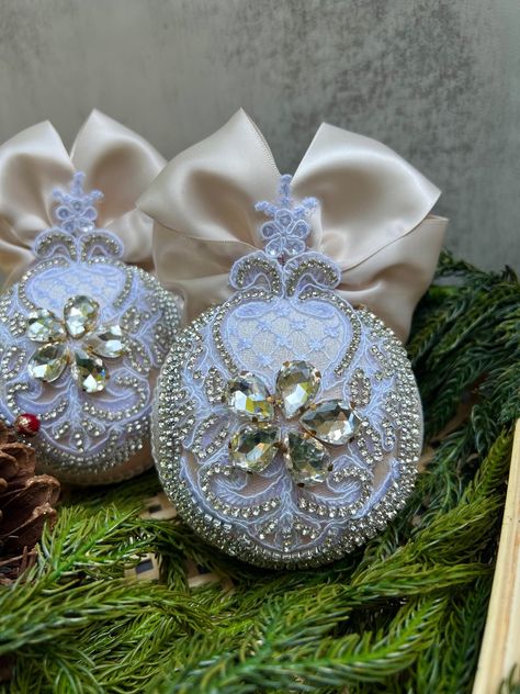 Beige Christmas Ornaments Handmade Christmas Ornaments Silver Rhinestone Ornaments Elegant Christmas Décor Holiday Ornaments. Beige handmade Christmas ornaments with silver rhinestones. Elegant beige holiday décor with rhinestone accents unique handmade Christmas ornaments beige and silver. Luxury beige and silver Christmas tree decorations rhinestone embellished holiday ornaments handmade. IMPORTANT ♥ Every order will ship within 12-24 hours ♥ Each item is individually handcrafted to ensure the Silver Xmas Tree, Satin Ornaments, Silver Christmas Tree Decorations, Elegant Holiday Decor, Beige Christmas, Pearl Ornaments, Rhinestone Ornaments, Victorian Christmas Ornaments, Elegant Christmas Decor