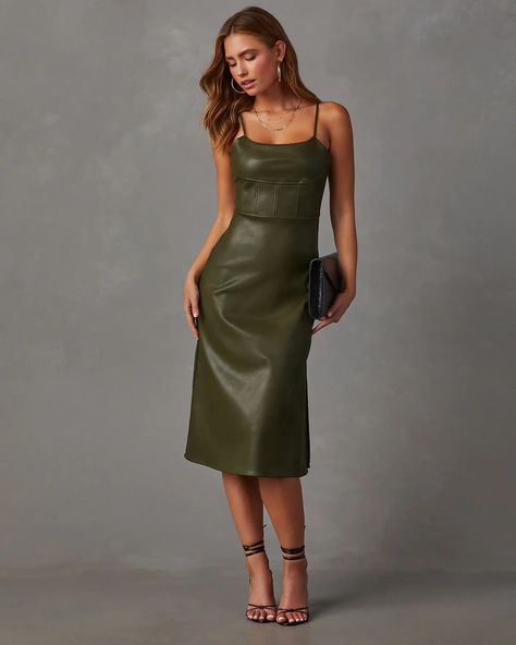 Leather Midi Dress, Swimwear Bottoms, Faux Leather Fabric, Dresses By Length, Green Midi Dress, Satin Slip, Sweater And Shorts, Long Sleeve Cardigan, Leather Fabric