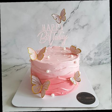 "This butterfly cake is sure to add a touch of whimsy to any celebration!" Mini Cake Butterfly, Butterfly Design Cake Ideas, Rose Gold Pink And White Birthday Cake, Buterfluffy Birthday Cake, Pink Butterfly Cake Ideas, First Birthday Girl Themes Cake, Pink Theme Birthday Cake, Cute Girly Cakes, Birthday Cake Butterfly Theme