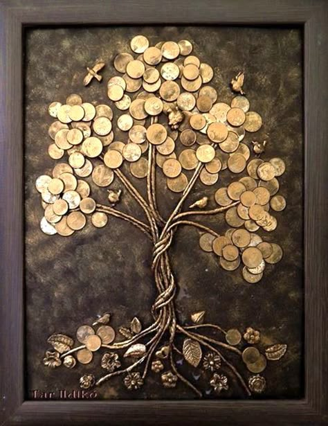 Coin Crafts, Glue Art, Imagination Art, Coin Art, Metal Tree Wall Art, Metal Art Diy, Button Art, Button Crafts, Painted Stones