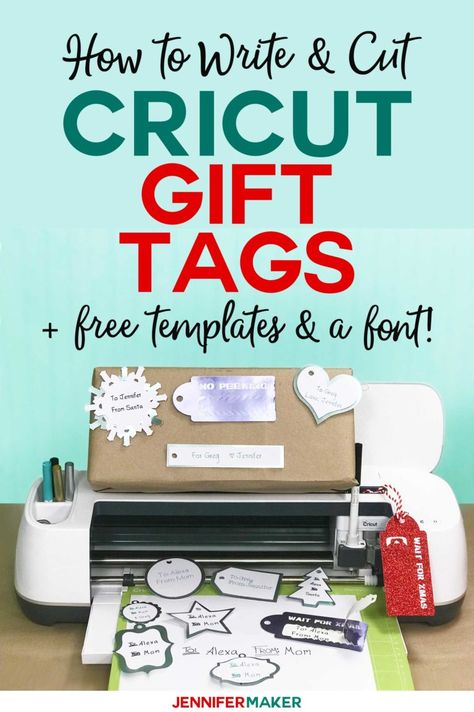 How to write & cut gift tags on a Cricut with free templates and a penwriting font! #cricut #gifts #svgcutfile #font #handwriting Cricut Gift Tags, Gift Tag Template Free, Cricut Gifts, Jennifer Maker, Font Handwriting, Cricut Explore Projects, Projets Cricut, Gift Tag Template, Gift Tags Diy