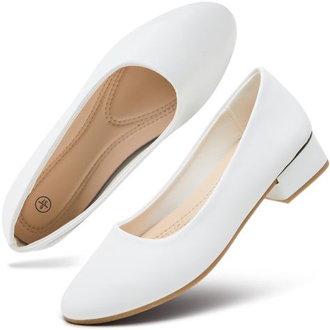 PRICES MAY VARY. Classic design with clean lines, these Women's Pumps from hash bubbie are great for office and dress occasions. The simple yet elegant style and low chunky heels make them versatile for any outfit, whether it's for work or a formal occasion. Crafted with soft leather and a comfortable PU insole, these flats shoes are stylish and offer all-day comfort. The breathable design and flattering fit will keep your feet feeling fresh and chic all day long. The 1.3in low chunky heels of t Formal Flat Shoes, Deb Dress, Elegant Shoes Flat, Formal Flats, Heels Closed Toe, Simple Heels, Social Dress, Shoes Office, White Flat Shoes