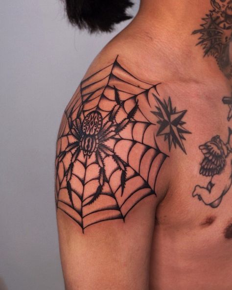 30+ Spider Web Tattoo Design Ideas and Meanings - 100 Tattoos Spider Web Tattoo Design, Web Tattoo Design, Blast Over Tattoo, Tattoo Over Scar, Shoulder Tats, Spider Web Tattoo, Cool Shoulder Tattoos, Traditional Style Tattoo, Skull Sleeve Tattoos