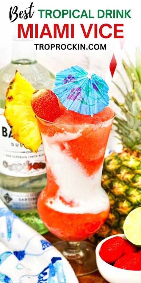 Tropical Alcoholic Drinks, Miami Vice Drink, Frozen Strawberry Daiquiri, Cocktail Recipes For A Crowd, Cream Of Coconut, Fun Drinks Alcohol, Tropical Drinks, Summer Drinks Alcohol, Cocktail Shots