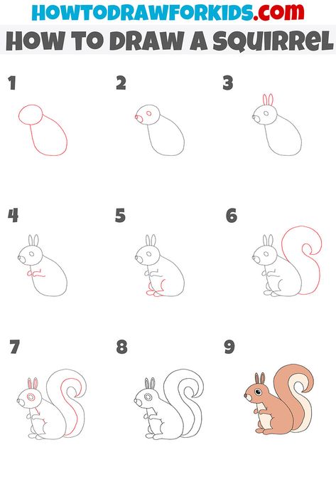 Squrriel Drawing For Kids, Drawing A Squirrel Step By Step, Step By Step Squirrel Drawing, Fall Animal Drawing Easy, How To Draw Chipmunk, Painting A Squirrel, Draw Squirrel Easy, Drawing A Squirrel, Squirrel Painting Easy