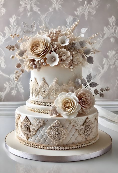 Bridgerton Theme Cake, Engagement Theme Cake, Luxury Cake Design, Wedding Cake Neutral, Glam Wedding Cake, Mafia Wedding, Vintage Glamour Wedding, Three Tier Wedding Cake, Bridgerton Party