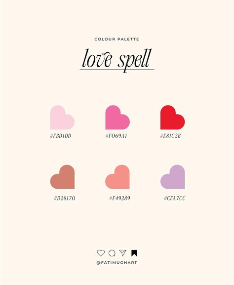 Valentine inspired colour palette - Love spell 💗 I know some of you are busy making Valentine theme creations 🥰 You are welcome to steal this Palette 👀 Save for later inspo! 🤩🙌✨ ____ #colourinspiration #colourpalette #colourfun #colourscheme #pasteltoned #lightcolours #freshtone #brandcolors #vibrantcolors #brandidentitydesign #colourmood #colourinspiration #colourcombination #designinspirations #valentinecollection #freelancedesign #logodesigners #creativeideas #websiteinspiration #brand... Coquette Color Palette, Valentines Color Palette, Branding Inspo, Valentine Theme, Valentine Coloring, Romantic Colors, Colour Inspiration, Love Spell, Save For Later