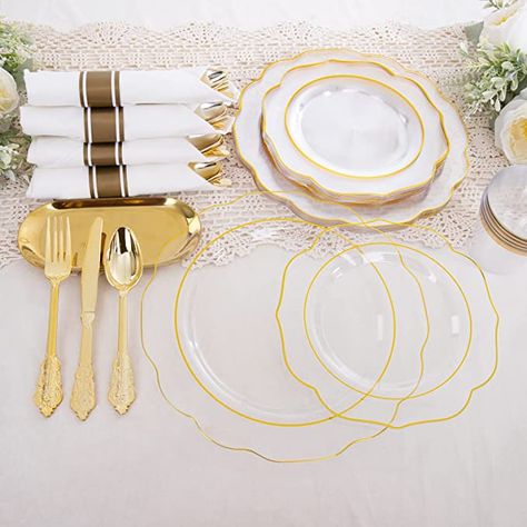 Plastic Plates Wedding, Gold Utensils, Clear Plastic Plates, Gold Plastic Plates, Gold Silverware, Clear Plates, Plastic Dinnerware, Plastic Utensils, Eating Utensils