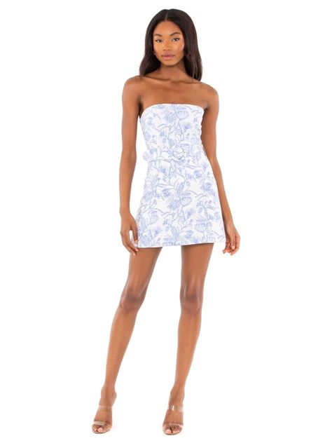 Blue And White Strapless Dress, Hoco Dresses 2023 Strapless, Different Homecoming Dresses, Coastal Homecoming Dress, White And Blue Mini Dress, Amanda Uprichard Fae Dress, Strapless Formal Dress Short, Fancy Homecoming Dresses, Coastal Granddaughter Hoco Dress