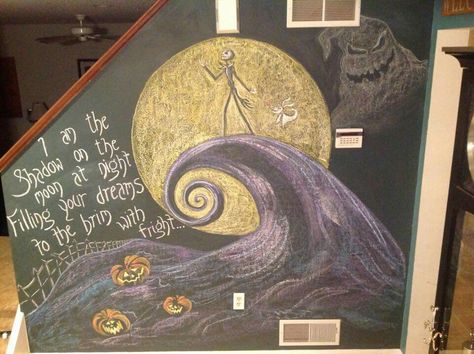 Nightmare Before Christmas chalkboard wall. Getting ready for Hallowen! Nightmare Before Christmas Chalkboard, Nightmare Before Christmas Chalk Art, Jack Skellington Chalk Art, Nightmare Before Christmas Acrylic Painting, Nightmare Before Christmas Wall Art, Painting Ideas On Canvas Jack Skeleton, Christmas Chalkboard Ideas, Halloween Chalkboard Art, Christmas Chalk