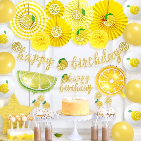 PRICES MAY VARY. LEMON BIRTHDAY DECORATIONS KIT INCLUDES - 1 x " Happy Birthday " Banner with two cute lemon patterns, 1 x " Happy Birthday " Cake Topper, 6 x Lemonade Glitter Cupcake Toppers, 6 x lemon cutouts, 6 x paper fans, 2 x tissue paper pom poms, 5 x yellow latex balloons, 5 x lemon-printed latex balloons, 2 x lemon foil balloons, 1 x white ribbon, 1 x glue dots. PERFECT FOR VARIOUS OCCASIONS - Our Lemon Birthday Party Decorations Supplies Kit is great for your kid's birthday lemon theme She Found Her Main Squeeze Bachelorette Party, Main Squeeze Bridal Shower Backdrop, She Found Her Main Squeeze Cake, She Found Her Main Squeeze Bridal Party Decor, She Found Her Main Squeeze Bridal Party, Main Squeeze Bridal Shower Lemon, Citrus Party, She Found Her Main Squeeze, Found Her Main Squeeze