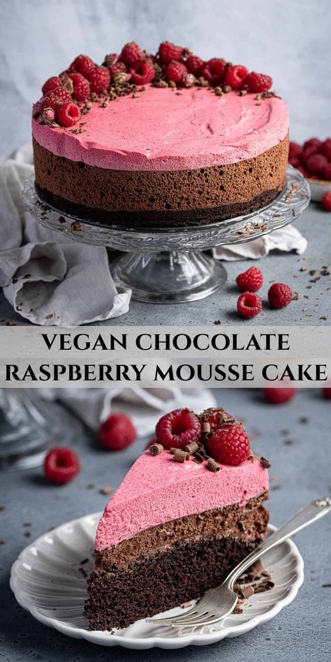 Vegan Chocolate Raspberry, Chocolate Raspberry Mousse, Chocolate Raspberry Mousse Cake, Raspberry Mousse Cake, Vegan Baking Recipes, Raspberry Mousse, Vegan Cake Recipes, Vegan Bakery, Desserts Vegan