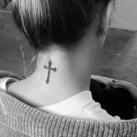 55+ Attractive Back of Neck Tattoo Designs - For Creative Juice Cross Tattoo Neck, Unique Cross Tattoos, 9 Tattoo, Cross Tattoo On Wrist, Tattoo Sonne, Small Cross Tattoos, Simple Cross Tattoo, Personal Beliefs, Tattoo Son