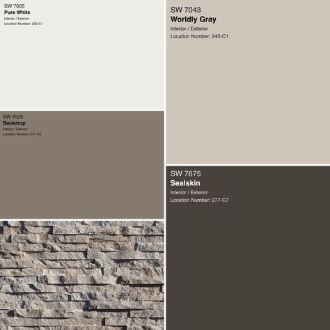 Brown Facade House, Best Paint Colors For Stucco Exterior, Exterior Block House Colors, Tan And Gray Exterior House Colors, Gray Beige House Exterior, White And Dark Brown Home Exterior, Stacked Stone Exterior Color Schemes, Exterior House Colors Beige Siding, House Finishes Exterior