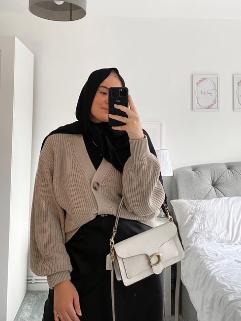 Maxi Dress With Cropped Cardigan, Knit Cardigan Skirt Outfit, Satin Skirt Cardigan Outfit, Turtle Neck Cardigan Outfit, Cropped Cardigan And Dress Outfit, Rib Knit Cardigan Outfit, Turtle Neck And Cardigan Outfit, Crop Cardigan Outfit Hijab, Ribbed Cardigan Outfit