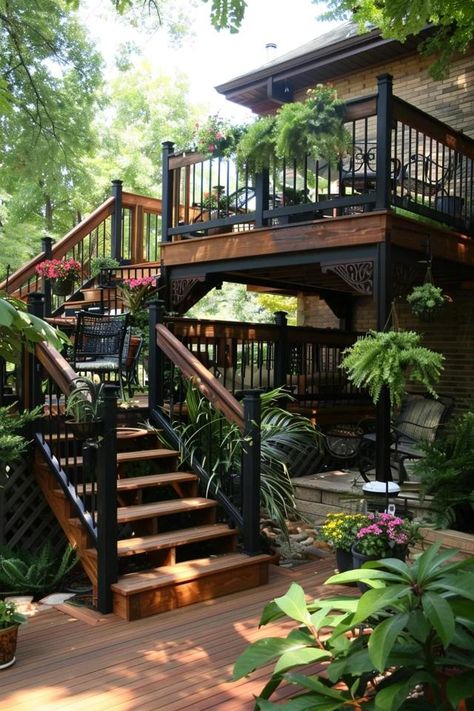 Two Tier Deck Ideas: Elevate Your Outdoor Space Double Deck Ideas Backyards, Decks On A Hill, Two Layer Deck Ideas, Farmhouse Back Deck Ideas, Tiered Back Deck, Two Level Patio Ideas, Deck With Stairs To Backyard, Deck With Two Sets Of Stairs, Backyard Tiered Landscaping