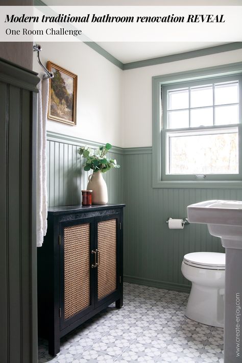 Finished bathroom renovation in our historic home. Modern traditional style update to dated, plain half bathroom! One Room Challenge final week Small Historic Bathroom Remodel, Colonial House Bathroom Remodel, Bathroom Vanity With Wood Countertop, Colonial Bathroom Design, Green Cottage Bathroom, Tudor Bathroom, Parents Bathroom, Historic Bathroom, Colonial Bathroom