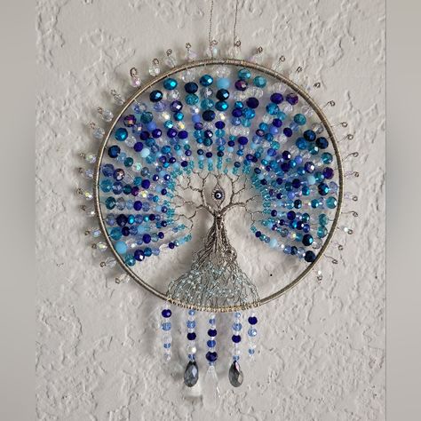 Tree Of Life Suncatcher Hanging Decor Blue / White Mix & Silver Wire. Original Handmade Tree Of Life Suncatcher Indoor Outdoor Hanging Decor Silver Wire With Blue, Navy Blue, White Crystal Multifaceted Beads 5 3/4" Gold Circle, With Outside Beads 6.5", 9" Total Length Plus 9" Wire Hanger. (Adjustable). Handmade & Ready To Ship Crystal Hanging Decor, Crystal Hangers, Dream Catcher With Beads, Wire Suncatcher, Beaded Dream Catcher, Beaded Wire Art, Sea Glass Window Art, Tree Of Life Dreamcatcher, Tree Of Life Suncatcher