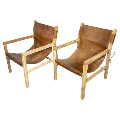 Pair of Brown Leather Sling Chairs with Bleached Wood Arms and Legs For Sale at 1stDibs Leather Sling Chair, Sling Design, Ergonomic Seating, Bleached Wood, Sling Chair, Rustic Chic, Modern Industrial, Leather Seat, Modern Elegance