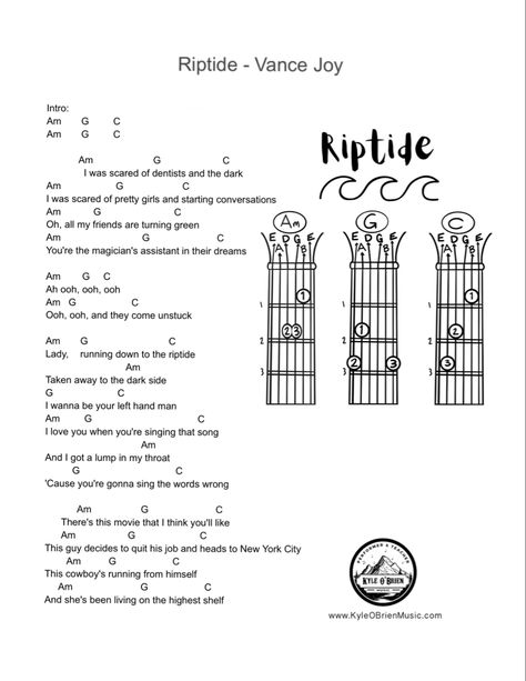 Learn to play and/or sing Riptide by Vance Joy with this easy-to-read lyrics and guitar chords sheet. Perfect for singers and musicians of all levels, this sheet includes all the lyrics, melody, and chord symbols you need to get started. Riptide lyrics Vance Joy lyrics Singing lessons Music lessons Lyrics sheet Guitar chords Singers Musicians Learn to sing Learn to play guitar Music theory Chord symbols Melody Easy to read All levels Pop songs Folk songs Acoustic songs Easy Song To Learn On Guitar, Guitar Chords With Lyrics, Easy Guitar Songs To Learn, F Chord Guitar Easy, Acoustic Guitar Chords For Songs Easy, How To Play Guitar Chords, How To Read Guitar Tabs Sheet Music, Riptide Guitar Tab, Guitar Cords For Beginners Sheet Music