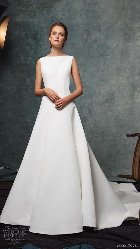 Minimal Wedding Dress A Line, Boatneck Wedding Dress Plus Size, Wedding Dress Boat Neckline, Wedding Dress Bateau Neckline, Simple Boatneck Wedding Dress, Bateau Neck Wedding Dress, High Neck Wedding Dress A Line, Boat Neck A Line Wedding Dress, Satin Wedding Dress High Neck