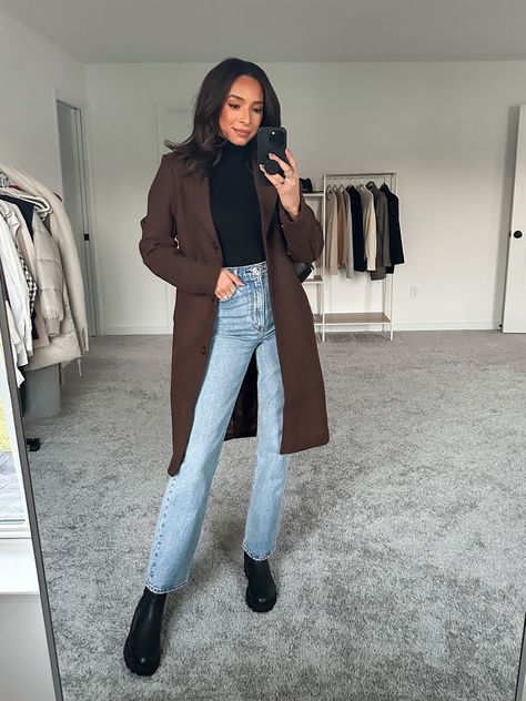 Brown Over Coat Outfit, 2023 Coat Outfit, Womens Overcoat Outfits, Black And Brown Winter Outfits, Brown Peacoat Womens Outfit, Abercrombie Bodysuit Outfit, Brown Sweater With Jeans, Dark Brown Shacket Outfit, Black And Chocolate Brown Outfit