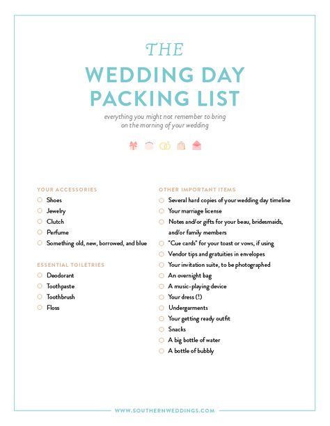 downloadable wedding day packing list - 22 things you might not remember to bring on the morning of your wedding! Wedding Day Packing List, Wedding Packing List, Packing List Template, Wedding Packing, Summer Dresses For Wedding Guest, Wedding Day Timeline, Planning Checklist, Southern Weddings, Wedding Checklist