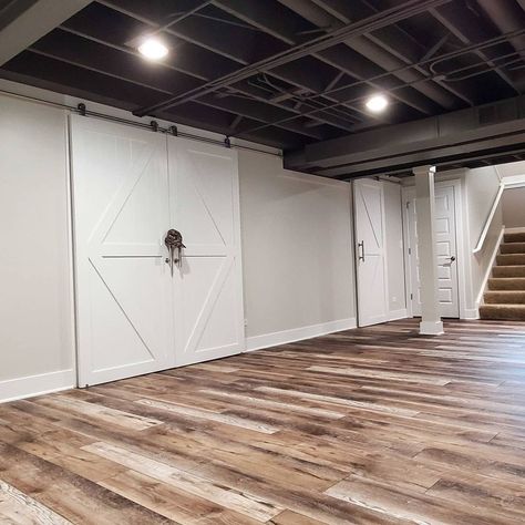 Basement Open Ceiling Ideas, Basement Remodel Open Ceiling, Basement With Open Ceiling, Basement Barn Door, Basement Barn Door Ideas, Finished Basement Open Ceiling, Basement Low Ceiling Ideas, Basement Open Ceiling, Open Basement Ceiling