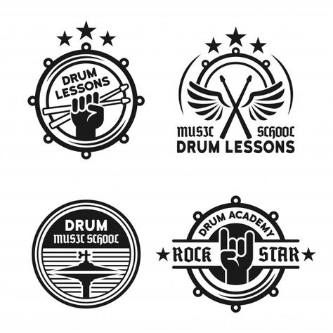 Drum school or drum lessons set of four ... | Premium Vector #Freepik #vector #logo #banner #vintage #label Drum Tattoo, Drums Logo, Motorcycle Illustration, Logo Banner, Drum Lessons, Bar Logo, Band Logos, Brand Board, 로고 디자인