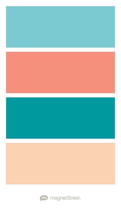 Turquoise, Coral, Teal, and Peach Wedding Color Palette - custom color palette created at MagnetStreet.com Peach Wedding Colors, Custom Refrigerator, Snug Room, Wedding Color Trends, Wedding Purple, Peach Wedding, Trendy Bedroom, Wedding Color Palette, Bathroom Colors