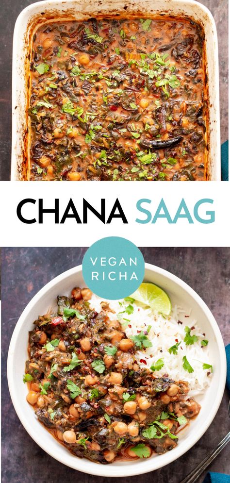 Try this easy Vegan Baked Chana Saag recipe! A fragrant Spinach and Chickpea Curry cooked in one casserole dish along with onion, tomatoes & warming spices. Such a comforting meal served with rice or any bread of your choice.  Gluten-free & Grain-free. Chana Saag Recipe, Vegetarian Beans, Chana Saag, Saag Recipe, Lenten Recipes, Vegan Spinach, Spinach Casserole, Vegan Richa, Vegan Baked