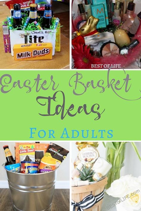 Adults want baskets too, so help the Easter Bunny come up with some impressive Easter basket ideas for adults that they will love. Husband Easter Basket, Easter Basket Ideas For Adults, Boyfriend Easter Basket, Mens Easter Basket, Cheap Easter Baskets, Family Easter Basket, Easter Basket Themes, Adult Easter Baskets, Unique Easter Baskets