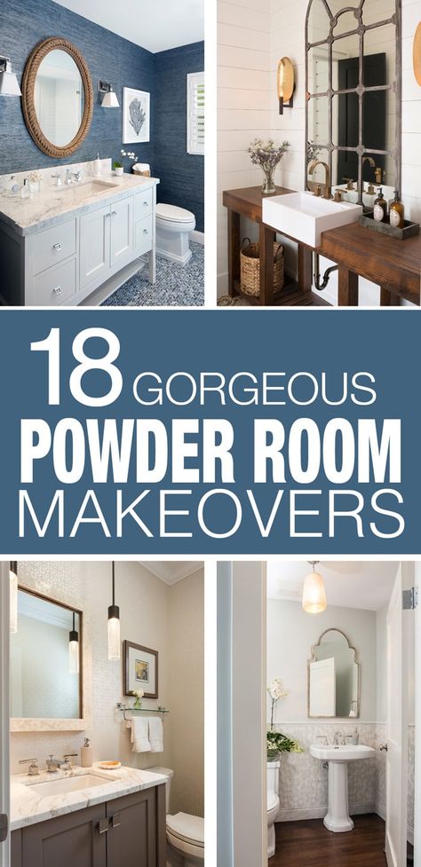 18 Powder Room Ideas - How to Nest for Less™ Grey And White Powder Room, Powder Room Rug Placement, Powder Room Coastal Half Baths, Farmhouse Restroom Ideas, Modern Farmhouse Powder Bath, Powder Room With Navy Blue Vanity, Joanna Gaines Powder Room, Updated Half Bath, Beige Aesthetic Bathroom Ideas