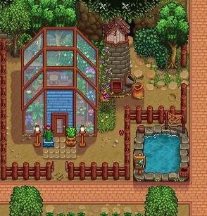 Forest Farm Inspo Stardew, Stardew Starter Farm, Stardew Valley Greenhouse Outside, Sdv Farm Layout Hilltop, Stardew Forest Farm Layout Cute, Star Dew Valley Forest Farm, Hillside Farm Stardew, Star Dew Valley Farm Layouts Forest, Stardew Normal Farm Layout