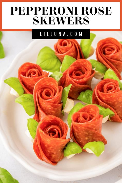 Create beautiful {and delicious} pepperoni rose skewers with only 3 ingredients and a few simple steps - a picture-perfect appetizer! #pepperoni #pepperonirose #appetizer #charcuterie Pepperoni For Charcuterie, Small Pepperoni Rose, Pepperoni Skewers Appetizers, Pepperoni On Charcuterie Board, How To Make Pepperoni Roses, Pepperoni Flowers Charcuterie, Pepperoni Flowers, Pepperoni Rose, Charcuterie Rose