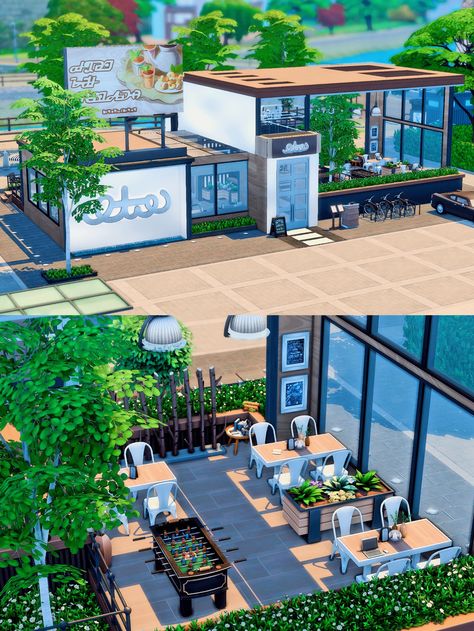 Riverside Coffee & Restaurant | Joyceisfox on Patreon Sims 4 Aquarium Build, Sims4 Custom Content, Sims Interior, Sims Lots, Sims 4 Restaurant, Cas Background, Lotes The Sims 4, Coffee Restaurant, The Sims 4 Lots