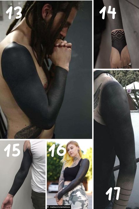 Sleeve Tattoo Inspiration, Arms Tattoos, Black Sleeve Tattoo, Fierce Tattoo, All Black Tattoos, Bright Tattoos, Solid Black Tattoo, Tattoos Arm, Boho Tattoos