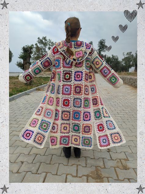 Long Granny Square Cardigan, Crochet Coat Pattern, White Crochet Cardigan, Crochet Retro, Coat Crochet, Long Crochet Cardigan, Crochet Sweater Design, Afghan Coat, Granny Square Cardigan