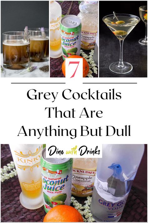 Collage of 4 grey cocktails. Grey Cocktails, Drink Names, Silver Cocktail, Bachelorette Parties, Pineapple Juice, Party Drinks, Cocktail Recipe, Mixology, Cocktail Drinks