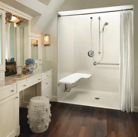 Tiled Walk In Showers Without Doors Tiled Walk In Showers, Narrow Bathroom Layout, Wheelchair Accessible Shower, Walk In Shower Kits, Shower Wheelchair, Showers Without Doors, Roll In Showers, Accessible Bathroom Design, Ada Bathroom