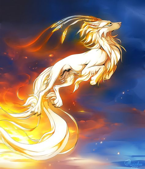 .:The Firebird:. by Aviaku.deviantart.com on @DeviantArt Sun Wolf, Mythical Creature Art, Mystical Animals, Wolf Artwork, Fantasy Wolf, Mythical Animal, Wolf Drawing, Fantasy Beasts, Creature Drawings