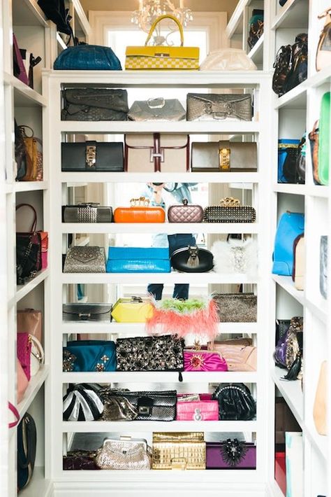 The Coveteur - closets - handbag closet, bag closet, shelves for bags, shelves for handbags, mirrored backsplash, closet with mirrored walls... Bag Collection Display, Purse Storage Ideas, Collection Display Ideas, Organizing Purses In Closet, Contemporary Closet, Closet Vanity, Bag Closet, Dressing Room Closet, Amazing Closets