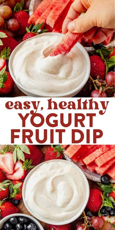 This easy yogurt fruit dip recipe makes the perfect snack or healthy dessert. Add just 4 ingredients to a bowl, give it a good stir, and you're ready to serve it with your favorite fresh fruits! Make it with plain Greek yogurt or vanilla yogurt. Vanilla Greek Yogurt Recipes Desserts, Vanilla Yogurt Fruit Dip, Healthy Fruit Dip Clean Eating, Greek Yogurt Fruit Dip Healthy, Greek Yogurt Dip For Fruit, Vanilla Greek Yogurt Recipes Healthy, Recipes With Vanilla Greek Yogurt, Fruit Dip With Yogurt, Fruit Dip Yogurt