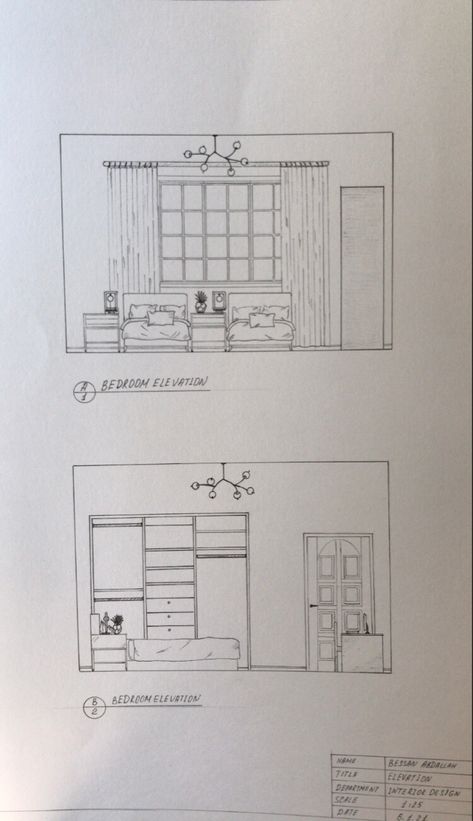 Basic Interior Design Sketches, How To Draw Interior Design, Elevation Drawing Interior, Interior Design Drawings Sketches, Interior Elevation Drawing, Interior Design Portfolio Student, Interior Design Major, Bedroom Section, Sketch Plan