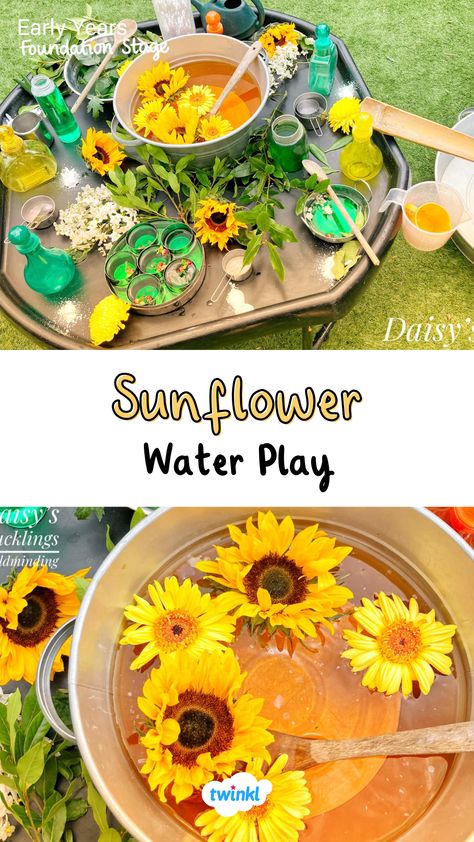 Sunflower water tray is the perfect summer activity! Thanks to @daisys_ducklings. Click for more summer tuff tray fun! Sunflower Tuff Tray, Summer Themed Tuff Tray Ideas, Preschool Water Table Ideas, Summer Tuff Tray, Summer Tuff Tray Ideas, Water Tray Ideas Eyfs, Summer Fruit Drinks, Pond Crafts, Summer Sensory