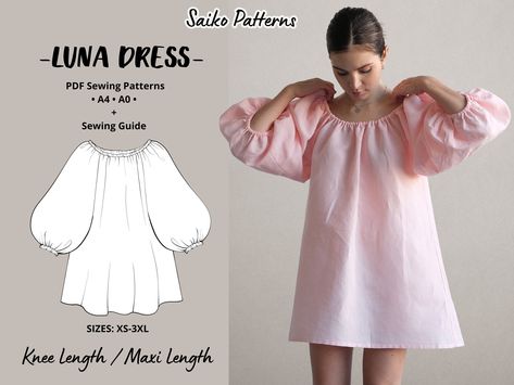 This Charming Puff Sleeve Smock Dress Pattern is perfect for all body types. The dress can be sewn in two lengths: mini and maxi, depending on your preference. The simple design and detailed instructions with pictures make this pattern perfect for even beginners. SIZES:  * Women's XS-3XL SEWING LEVEL:  This pattern is appropriate for beginners. Our patterns are designed to be easy to understand and enjoyable to make. LANGUAGE: * English INCLUDES: * PDF Sewing Patterns (A4, A0, US Letter) * Each Grunge Dress Sewing Pattern, Lounge Dress Pattern, Boxy Dress Pattern, Babydoll Dress Sewing Pattern Free, Simple Cotton Dress Pattern, Simple Sewing Projects For Beginners Step By Step Free Pattern, Simple Dress Pattern For Women, Simple Dress Sewing Pattern, Dress With Sleeves Pattern