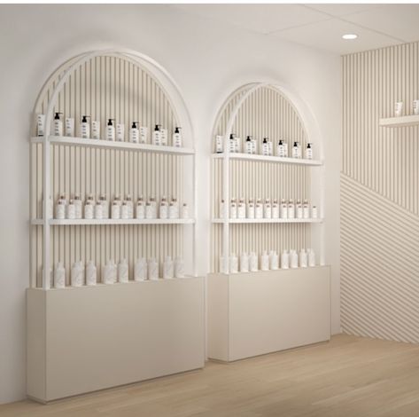 Retail Skincare Display, Beauty Salon Retail Display Ideas, Slatwall Ideas Retail, Small Retail Store Design Boutiques, Arch Shelving, Small Retail Store Design, Therapist Office Decor Private Practice, Salon Retail Display Ideas, Salon Shelving Ideas