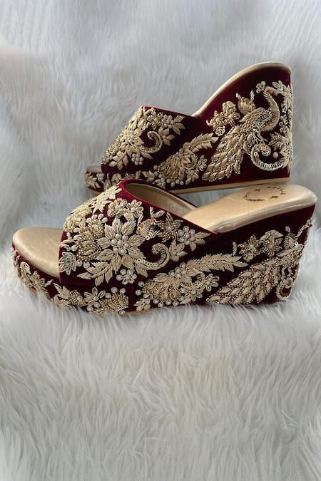 Buy Maroon Embroidered Floral Bead Embellished Wedges by Rajasthani Stuff Online at Aza Fashions. Bridal Sandal, Bridal Sandals Heels, Elegant Shoes Heels, Indian Wedding Shoes, Bridal Footwear, Bride Sandals, Indian Things, Fancy Sandals, Albanian Culture